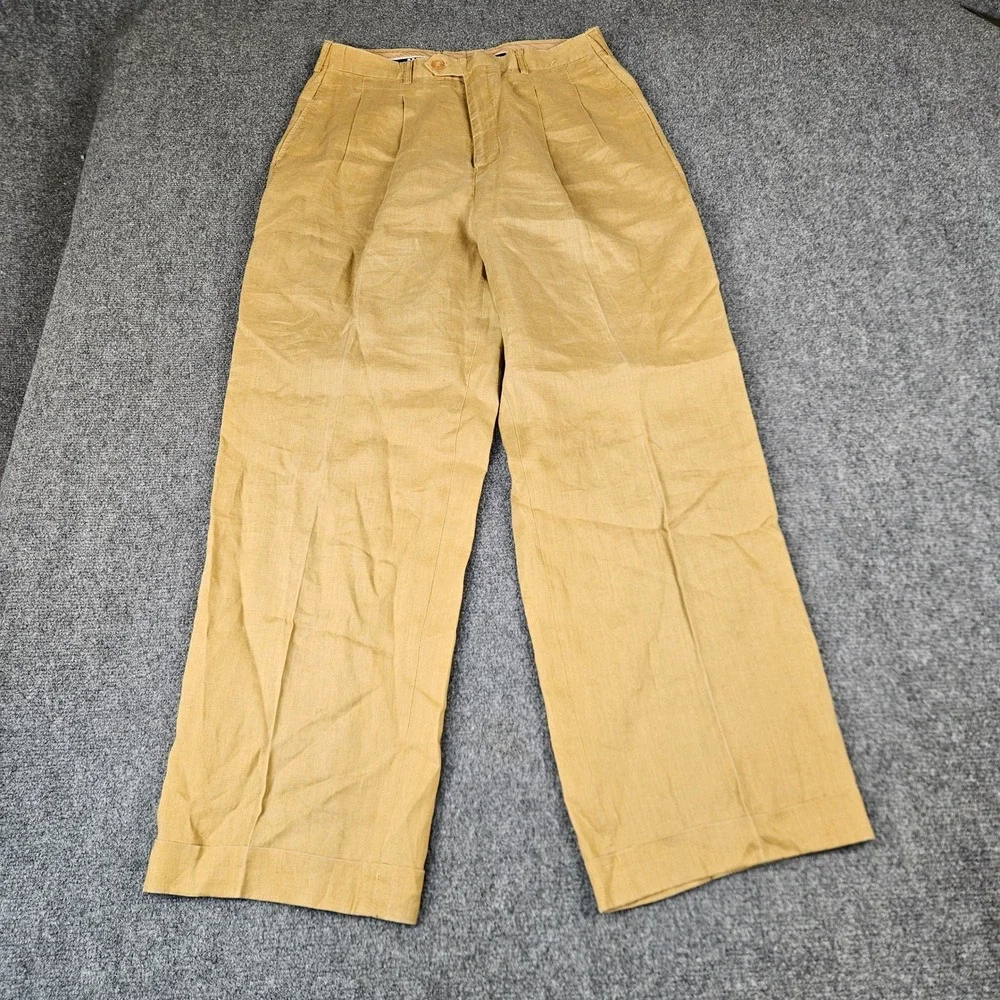 D&E Collection Mens 100% Linen Pleated Wide Leg Trousers Mustard Tan 34x30